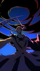  1boy armor armpits black_kimono bleach blue_sky chest_markings clenched_teeth commentary demon_horns english_commentary facial_mark highres holding holding_sword holding_weapon horns hosun japanese_clothes kimono kurosaki_ichigo looking_down male_focus orange_hair powering_up shihakusho shoulder_armor single_horn sky solo spiky_hair sword teeth torn_clothes torn_kimono weapon yellow_eyes 