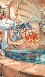  1boy 1girl absurdres ahoge arm_support bare_shoulders blue_eyes bush choroi_amachori closed_mouth commentary_request day eye_contact face-to-face fate/grand_order fate_(series) flower flower_on_liquid fountain from_side fujimaru_ritsuka_(female) fujimaru_ritsuka_(female)_(morning_glory) grey_hair hair_between_eyes hair_ornament hair_scrunchie hand_on_another's_back hand_on_another's_chest hetero highres leaning_back leaning_forward long_sleeves looking_at_another noses_touching oberon_(fate) oberon_(third_ascension)_(fate) one_side_up orange_eyes orange_hair outdoors parted_lips petals petals_on_liquid pink_flower profile puffy_long_sleeves puffy_sleeves ripples scrunchie shirt short_hair sleeveless sleeveless_shirt twitter_username water white_scrunchie white_shirt 