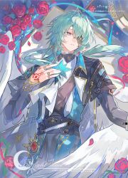  1boy absurdres anaxa_(honkai:_star_rail) angel_wings aqua_eyes aqua_hair black_jacket black_pants blue_ribbon chinese_commentary collared_shirt commentary_request cowboy_shot earrings english_text eyepatch floating_hair flower gem hair_between_eyes hair_intakes hand_on_own_chest hand_up heiyi_mataozi highres honkai:_star_rail honkai_(series) jacket jewelry long_hair looking_to_the_side male_focus multiple_rings pants parted_lips red_flower red_gem red_pupils red_rose ribbon ring rose shirt single_earring solo teeth watermark white_wings wings 