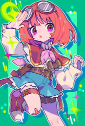  1girl :o arm_up bandaid bandaid_on_knee bandaid_on_leg belt binoculars blue_skirt blush bow bowtie brown_belt capelet collared_shirt commentary_request commission foot_out_of_frame frilled_capelet frilled_skirt frills goggles goggles_on_head green_background hand_up highres honoca6190 long_sleeves looking_at_viewer miniskirt open_mouth original outline pink_bow pink_bowtie pink_hair pouch red_capelet red_eyes red_shoes shirt shoes short_hair skeb_commission skirt sneakers socks solo sparkle standing standing_on_one_leg white_outline white_shirt white_socks 