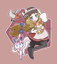  1girl :o absurdres black_hat black_pantyhose black_shoes blonde_hair blue_eyes blush bow commentary_request dress fennekin fletchling full_body hat hat_bow highres holding holding_pokemon itoi_(itoitoy) long_sleeves open_mouth pantyhose pokemon pokemon_(creature) pokemon_x_and_y serena_(pokemon) shoes simple_background solo sylveon white_bow 