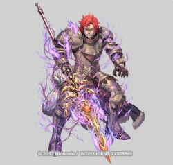  1boy armor black_gloves boots clenched_teeth commentary_request corruption fire_emblem fire_emblem:_three_houses fire_emblem_heroes fur_trim gloves holding holding_polearm holding_weapon izuka_daisuke lance lance_of_ruin looking_at_viewer male_focus miklan_anschutz_gautier official_art open_mouth polearm purple_aura red_hair scar scar_on_face simple_background solo teeth weapon 