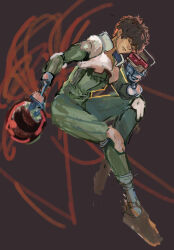  brown_hair commentary_request curly_hair daryl_lorenz gundam gundam_thunderbolt helmet highres holding holding_radio holding_unworn_helmet mecha_pilot_suit normal_suit_(gundam) okrdisk2000 prosthesis prosthetic_arm prosthetic_leg radio science_fiction unworn_headwear unworn_helmet zeon zero_gravity 