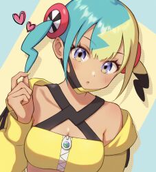  1girl :o blonde_hair blue_eyes blush breasts canari_(pokemon) commentary_request ctjfj923 heart highres looking_at_viewer mask medium_breasts mouth_mask multicolored_hair pokemon pokemon_legends:_z-a shirt short_hair solo two-tone_hair upper_body yellow_shirt 