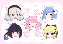  5girls ^_^ animal_ears arrow_(symbol) beret black_bow blonde_hair blue_hair blunt_bangs blush border bow brown_hat cat_ears closed_eyes closed_mouth colored_inner_hair commentary_request expressionless flower gekka_(prima_doll) green_eyes grey_hair hair_between_eyes hair_bobbles hair_bow hair_flower hair_ornament haizakura_(prima_doll) happy hat head_only headscarf heart houkiboshi_(prima_doll) karasuba_(prima_doll) long_hair looking_at_viewer lovestruck multicolored_hair multiple_girls nakamura_hinato one_side_up open_mouth pink_border pink_hair polka_dot polka_dot_background ponytail prima_doll_(anime) purple_flower purple_streaks red_eyes retzel_(prima_doll) simple_background smile split_mouth streaked_hair translation_request twintails two-tone_hair two_side_up violet_eyes white_background white_headscarf x_hair_ornament 