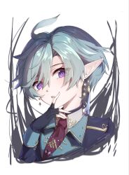  1girl alternate_hairstyle aqua_hair commentary_request earrings elf epsilon_(kagejitsu) faintingco0kie fingerless_gloves gloves hair_between_eyes highres jewelry kage_no_jitsuryokusha_ni_naritakute! looking_at_viewer parted_lips pointy_ears short_hair solo violet_eyes 