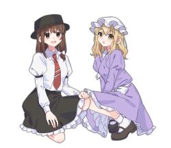  2girls absurdres black_hat black_shoes black_skirt blonde_hair brown_eyes brown_hair collared_dress collared_shirt commentary_request dress frilled_dress frilled_skirt frills hat highres juliet_sleeves long_hair long_sleeves looking_at_viewer maribel_hearn mary_janes mob_cap multiple_girls necktie nnn_lu open_mouth puffy_sleeves purple_dress red_necktie shirt shirt_tucked_in shoes simple_background skirt smile socks squatting touhou usami_renko white_background white_hat white_shirt white_socks 