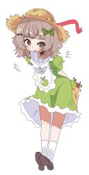  1girl :d absurdres apple apple_print apron arms_behind_back black_choker blush bobby_pin bow brown_eyes brown_hair brown_shoes choker commentary dress ferumon food food_print fruit fruit_print full_body green_apple green_bow green_dress hair_bow hair_ornament hairpin hat hat_ribbon highres holding holding_sack indie_virtual_youtuber lace-trimmed_dress lace_trim legs_together looking_at_viewer midorigaki_(vtuber) motion_lines pendant_choker puffy_short_sleeves puffy_sleeves ribbon sack shoes short_sleeves simple_background smile socks straw_hat virtual_youtuber white_apron white_background white_socks 