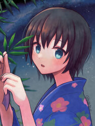  1girl aoi_erika black_hair blue_kimono commentary_request floral_print floral_print_kimono heaven_burns_red highres japanese_clothes kimono looking_at_viewer print_kimono short_hair tanabata toyatopa upper_body 