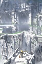  1girl absurdres artist_name asteroid_ill bird blonde_hair blue_sky bridge cloak commentary fake_screenshot flower from_above highres holding holding_suitcase iris_(asteroid_ill) lily_pad long_hair original ruins scenery sky solo suitcase water waterfall 