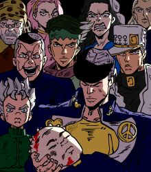  2girls 6+boys :d absurdres anchor_symbol beard black_hair blonde_hair blood blood_on_face blue_eyes clenched_teeth closed_eyes closed_mouth coat comic_panel_redraw commentary derivative_work diamond_wa_kudakenai dollar_sign earrings earth_wind_&amp;_fire_(stand) english_commentary facial_hair frown gakuran glasses green_eyes green_hair grey_hair hairband hat headband higashikata_josuke highres hirose_koichi holding invincible_(series) jewelry jojo_no_kimyou_na_bouken joseph_joestar joseph_joestar_(old) kishibe_rohan kujo_jotaro long_hair looking_at_viewer mask meme multicolored_hair multiple_boys multiple_girls mustache nijimura_okuyasu old old_man open_mouth peace_symbol pink_hair pompadour school_uniform serious short_hair simple_background smile stud_earrings sugimoto_reimi teeth toji_feet_lover turtleneck two-tone_hair viltrumite_group_shot_(meme) white_hair yamagishi_yukako yangu_shigekiyo yellow_hairband 