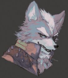  1boy animal_ears brown_jacket cbwosf cropped_shoulders furry furry_male green_background grey_fur grin highres jacket looking_at_viewer male_focus simple_background smile solo star_fox star_fox_(2026) twitter_username wolf_boy wolf_ears wolf_o'donnell yellow_eyes 