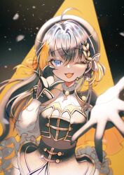  1girl ;d ahoge anchor_earrings beret black_gloves black_hair blonde_hair blue_eyes blush braid earrings falling_petals glint gloves hair_between_eyes half-heart_hands hat headset highres jewelry long_hair looking_at_viewer mei_(hiimeiree) multicolored_hair nijisanji nijisanji_en nijisanji_idol_uniform one_eye_closed petals petra_gurin single_bare_shoulder smile solo spotlight streaked_hair virtual_youtuber 