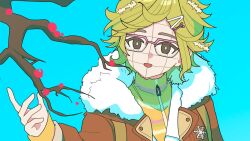  1girl :d blue_background branch brown_eyes brown_jacket flower glasses green_hair hand_up jacket jiedu_(gedoku_1) looking_at_flowers over-rim_eyewear pink-framed_eyewear plant_hair red_flower reed_(reverse:1999) reverse:1999 semi-rimless_eyewear short_hair smile solo sweater upper_body yellow_sweater 