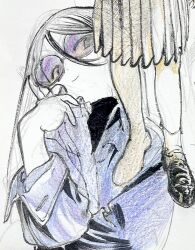  1girl barefoot collared_shirt colored_pencil_(medium) feet graphite_(medium) hair_over_one_eye hand_on_own_face hand_up highres jacket lineart long_hair looking_at_viewer necktie original paper round_eyewear shi_(shi252814799321) shirt shoes sketch smile soles solo sunglasses tinted_eyewear traditional_media unfinished upper_body 