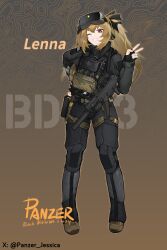  1girl absurdres belt belt_pouch black_gloves boots brown_hair combat_boots escape_from_tarkov fingerless_gloves girls'_frontline_2:_exilium girls_frontline gloves goggles goggles_on_head gun h&amp;k_ump hair_between_eyes hand_up headset highres lenna_(girls'_frontline_2) load_bearing_vest long_hair long_sleeves looking_at_viewer magazine_(weapon) one_eye_closed open_mouth panzi_panzer pouch red_eyes smile solo submachine_gun suppressor tactical_clothes teeth twintails ump9_(girls'_frontline) v weapon yellow_pupils 