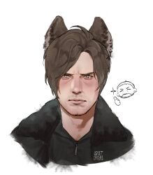 2boys aegyo_sal animal_ears averting_eyes black_jacket black_shirt blue_eyes brown_hair chibi chibi_inset chris_redfield curtained_hair expressionless fur_trim furrowed_brow highres jacket kemonomimi_mode leon_s._kennedy looking_to_the_side lostcrtters male_focus multiple_boys official_alternate_costume portrait resident_evil resident_evil_requiem shirt short_hair wolf_ears 