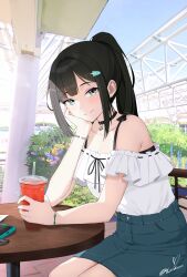  1girl absurdres alternate_costume alternate_hairstyle aqua_eyes bell black_choker black_hair casual choker commentary english_commentary goddess_of_victory:_nikke hand_on_own_face high_ponytail highres lendivere long_hair looking_at_viewer mint_(nikke) neck_bell outdoors ponytail shirt sidelocks sitting skirt smile solo table white_shirt 