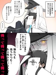  1boy 1girl absurdres amtkmituki aqua_necktie blue_archive blush collared_shirt colored_skin hair_over_one_eye heart heart-shaped_pupils highres large_hat long_hair malkuth_(blue_archive) necktie paper_on_head sensei_(blue_archive) shirt speech_bubble sweat symbol-shaped_pupils white_hair white_skin x-shaped_pupils yandere yellow_eyes 