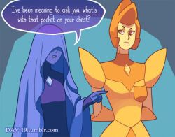 2girls adventure_time blue_diamond_(steven_universe) blue_skin chest_jewel closed_mouth colored_skin commentary dav-19 diamond-shaped_pupils diamond_(gemstone) diamond_(shape) english_commentary eyeshadow gem gem_(steven_universe) helmet lips makeup multiple_girls parody parted_lips scene_reference speech_bubble steven_universe symbol-shaped_pupils yellow_diamond_(steven_universe) yellow_skin 