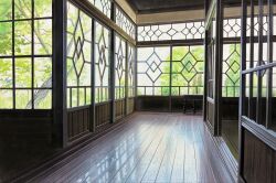  commentary_request day doremifa84 highres indoors no_humans original reflective_floor scenery sliding_doors tree window wooden_floor 