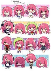  1girl :d :o black_dress blush bow chibi collared_shirt commentary commission dress eating elfen_lied english_commentary expressionless food full_body hair_bow hat heart highres holding holding_food horns jumping kneehighs long_hair lucy_(elfen_lied) maid maid_headdress multiple_expressions multiple_views music_box onigiri open_clothes open_shirt pink_hair red_scarf scarf shirt sitting smile socks solo standing white_shirt yuyuzu 