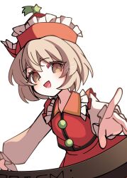  1girl blonde_hair collared_shirt commentary_request frilled_hat frilled_shirt_collar frills hat hat_ornament highres illust_atelier3 instrument keyboard_(instrument) long_sleeves looking_at_viewer lyrica_prismriver medium_hair one-hour_drawing_challenge open_mouth red_hat red_skirt red_vest shirt simple_background skirt skirt_set smile solo star_(symbol) star_hat_ornament touhou vest white_background yellow_eyes 