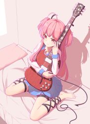  1girl ahoge angel_beats! bandaged_fingers bandages barefoot black_ribbon blue_sailor_collar chinese_commentary closed_mouth commentary crying crying_with_eyes_open demon_tail english_commentary fake_tail full_body furrowed_brow gauze_on_hand guitar hair_between_eyes hand_up highres holding holding_guitar holding_instrument huge_ahoge indoors instrument leg_ribbon long_hair long_sleeves miniskirt mixed-language_commentary multilingual_commentary on_bed pink_hair pleated_skirt pt-cr red_eyes ribbon sad sailor_collar sailor_shirt shadow shinda_sekai_sensen_uniform shirt sidelocks sitting skirt solo split_mouth tail tears thigh_strap toes two_side_up very_long_hair wariza wavy_mouth white_shirt yui_(angel_beats!) 