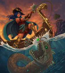  1girl absurdres aletrixy armband armor armored_boots bandaged_leg bandages belt bird blue_hair boat boots breasts brown_skirt cape clenched_teeth commentary commission dang_(runescape) duellist's_cap_(tier_6) english_commentary fingerless_gloves fish_hook fishing fishing_line fishing_rod full_body gem gladiator gloves glowing_hat gold_trim grass green_belt green_cape green_gem hat highres holding holding_fishing_rod island leg_armor leotard leviathan_(mythology) long_hair medium_breasts monster old_school_runescape on_boat orange_eyes original outdoors poleyn red_armband red_leotard rock runescape seagull second-party_source serious sharp_teeth skirt sky sun_symbol teeth tree water watercraft yellow_eyes 