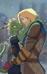  1boy 1girl absurdres argonian armor basedbinkie beard blonde_hair bow breasts brown_gloves commentary dress english_commentary eye_contact facial_hair full_beard furry furry_female furry_with_non-furry gloves height_difference hetero highres horn_bow horn_ornament horns hug interspecies looking_at_another maid maid_headdress outdoors red_bow reptile_girl short_sleeves small_breasts snow tail tail_bow tail_ornament tail_through_clothes the_elder_scrolls the_elder_scrolls_v:_skyrim upper_body yellow_eyes 