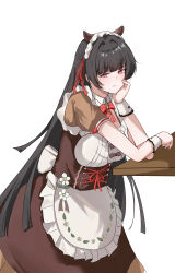  1girl animal_ears apron black_hair bow bowtie breasts brown_dress capybara_ears chisa_(wuthering_waves) closed_mouth commentary dress fake_animal_ears hair_ribbon highres leaning_on_table long_hair looking_at_viewer maid maid_headdress medium_breasts mole mole_under_eye red_bow red_bowtie red_eyes red_ribbon ribbon short_sleeves simple_background solo umenochikuwa underbust waist_apron white_background wrist_cuffs wuthering_waves 