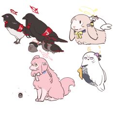  ahoge animal_ears animalization armband azusa_(blue_archive) bird black_bird blue_archive bow braid commentary_request dog hair_bow halo hanako_(blue_archive) hifumi_(blue_archive) ichika_(blue_archive) justice_task_force_(blue_archive) justice_task_force_member_(blue_archive) koharu_(blue_archive) korean_commentary lop_rabbit_ears make-up_work_club_(blue_archive) mashiro_(blue_archive) neckerchief no_humans owl peroro_(blue_archive) pig4 pink_dog rabbit rabbit_ears red_armband red_neckerchief simple_background tit_(bird) white_background white_bow 