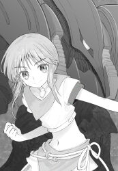  1980s_(style) 1girl belt commentary_request elpeo_puru faux_retro_artstyle fighting_stance gundam gundam_zz highres jewelry looking_at_viewer mecha midriff mobile_suit monochrome navel necklace neo_zeon one-eyed_mecha qubeley_mk_ii reki_(reki13c) retro_artstyle robot science_fiction short_hair shorts smirk upper_body 