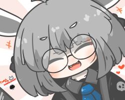  1girl :d ^_^ ahoge animal_ears black-framed_eyewear black_shirt blue_necktie blush chibi closed_eyes collared_shirt commentary_request facing_viewer fangs glasses heart highres necktie original rabbit_ears sea_urchin shirt short_eyebrows smile solo sunburst sunburst_background thick_eyebrows uni_souchou upper_body vorpal_bunny 