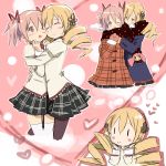  abe_kanari blonde_hair casual charlotte_(madoka_magica) closed_eyes drill_hair eyes_closed heart hug kaname_madoka mahou_shoujo_madoka_magica multiple_girls official_style pantyhose pink_eyes pink_hair scarf school_uniform shared_scarf smile themed_object thighhighs tomoe_mami twintails winter_clothes yuri 