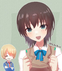  2girls aoi_erika blue_bow blue_bowtie blue_eyes bow bowtie brown_hair closed_eyes closed_mouth commentary_request hair_over_one_eye heaven_burns_red highres kayamori_ruka multiple_girls one_eye_covered open_mouth short_hair toyatopa twitter_username upper_body 