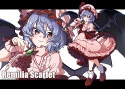  1girl absurdres ascot bat_wings blue_hair brooch character_name closed_mouth commentary_request eyes_visible_through_hair frilled_skirt frills gokuu_(acoloredpencil) hair_between_eyes hat hat_ribbon highres jewelry letterboxed loafers looking_at_viewer medium_hair mob_cap multiple_views pink_hat pink_shirt pink_skirt pink_wrist_cuffs red_ascot red_eyes red_nails red_shoes remilia_scarlet ribbon ribbon-trimmed_skirt ribbon_trim shirt shoes skirt skirt_set smile socks touhou white_socks wings wrist_cuffs zoom_layer 