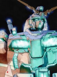  absurdres black_background commentary_request glowing glowing_eyes green_eyes gundam gundam_unicorn highres kosaka_daiki mecha mecha_focus mobile_suit no_humans nt-d painting_(medium) psycho_frame robot science_fiction traditional_media unicorn_gundam watercolor_(medium) 