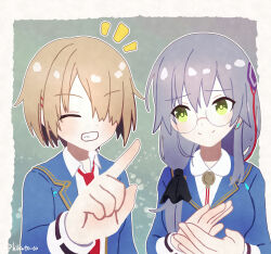  brown_hair clapping closed_mouth commentary_request glasses green_eyes grey_hair hair_ornament hair_tie hairpin heaven_burns_red highres izumi_yuki kayamori_ruka necktie red_eyes red_necktie red_ribbon ribbon school_uniform shirt short_hair toyatopa white_shirt 
