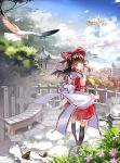  ascot bird black_legwear black_thighhighs bow brown_hair detached_sleeves floating_island hair_bow hair_tubes hakurei_reimu looking_back miko miyazaki_byou outdoors pagoda red_eyes short_hair solo thigh-highs thighhighs touhou wide_sleeves 