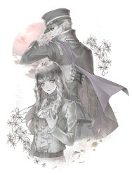  1boy 1girl belt black_cape black_hair black_hat buttons cape collared_shirt devil_summoner_(series) devil_summoner_2:_raidou_kuzunoha_vs_king_abaddon floral_background flower frilled_shirt frills from_side gakuran green_jacket grey_eyes hat high_collar highres jacket kuzunoha_raidou leaf long_hair looking_at_viewer nagi_(devil_summoner) red_sun ryokuyuu school_uniform shako_cap shirt short_hair sideburns taishou 