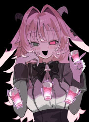  1girl absurdres alcohol animal_ears asymmetrical_horns backward-facing_horns bell bell_bow black_background black_mouth blush bow bowtie breasts buttons commentary cross_in_eye cup demon_girl drinking_glass femme_soule goat_horns hair_between_eyes hair_intakes happy heart heterochromia highres horns long_hair looking_at_viewer mismatched_horns notched_ear open_mouth pink_eyes pink_hair pukey_goddess_shot_trick shot_glass simple_background solo_female usako2201min 