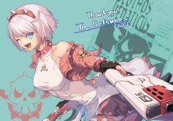  1girl :d bare_shoulders black_gloves blue_background blue_eyes bob_cut bracelet breasts clothes_lift commentary_request commission cropped_jacket dress dress_lift dual_wielding elphelt_valentine english_text fingerless_gloves frilled_dress frills gloves guilty_gear guilty_gear_strive gun hairband heart heart_in_eye holding holding_gun holding_weapon jacket jacket_partially_removed jewelry long_sleeves medium_breasts mixed-language_commentary one_eye_closed online_neet open_mouth pink_hair pink_hairband pink_jacket short_hair simple_background skeb_commission skull smile solo spiked_bracelet spiked_hairband spikes symbol_in_eye thank_you upper_body weapon 