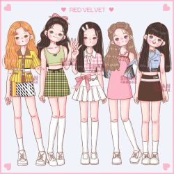  5girls black_hair blue_eyes blunt_bangs braid brown_hair dress earrings full_body green_eyes group_name hair_behind_ear half_updo heart highres irene_(red_velvet) jewelry joy_(red_velvet) long_hair looking_at_viewer multiple_girls orange_eyes orange_hair pink_dress real_life red_velvet_(group) seulgi_(red_velvet) shoes skirt socks v wendy_(red_velvet) white_shoes white_skirt white_socks wshanshanz yeri_(red_velvet) 