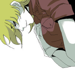  1girl blonde_hair breasts from_side gloves hands_on_own_chest hellsing large_breasts lowres oekaki red_shirt seras_victoria shirt sideways solo toshimichi_yukari upper_body white_gloves 