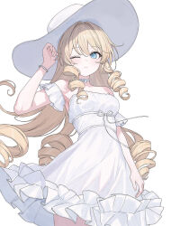  1girl armpits bare_shoulders blonde_hair blue_eyes commentary dress drill_hair feet_out_of_frame genshin_impact hat highres karyln navia_(genshin_impact) one_eye_closed simple_background solo standing untranslatable_commentary white_background white_dress white_hat 