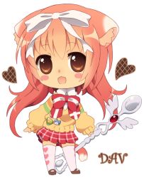 1girl :d akihime_sumomo animal_ears blush_stickers bow bowtie brown_eyes brown_shoes cat_ears cat_girl cat_tail chibi chibi_only commentary dav-19 full_body hair_bow heart heart_print holding holding_spoon kemonomimi_mode long_hair looking_at_viewer low_twintails nanatsuiro_drops pink_hair plaid_clothes plaid_skirt red_bow red_bowtie red_skirt school_uniform seijou_academy_school_uniform shoes skirt smile solo spoon standing sweater tachi-e tail thigh-highs transparent_background twintails white_bow white_thighhighs yellow_sweater 