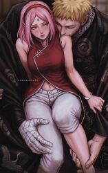1boy 1girl biting blonde_hair blush boruto:_naruto_next_generations boruto_(series) denim dress facial_mark haruno_sakura height_difference jeans narusakuart1 naruto_(series) navel navel_cutout pants pink_dress pink_hair spiky_hair uzumaki_naruto