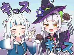  2girls black_gloves black_hat blue_hoodie closed_eyes closed_mouth gawr_gura gawr_gura_(1st_costume) gloves grey_hair grey_shirt hair_ornament hat heart highres hololive hololive_english hood hoodie long_hair looking_at_viewer morotade_kudou multiple_girls murasaki_shion murasaki_shion_(1st_costume) open_mouth shark_hair_ornament shirt two_side_up very_long_hair virtual_youtuber witch_hat yellow_eyes 
