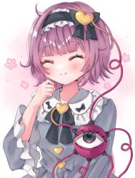  1girl black_bow black_bowtie black_hairband blue_shirt blush bow bowtie buttons closed_eyes closed_mouth collared_shirt commentary_request disembodied_linked_eye eyeball facing_viewer frilled_shirt_collar frilled_sleeves frills hair_bow hair_ornament hairband heart heart_button heart_hair_ornament highres jaku_sono komeiji_satori long_sleeves pink_hair shirt smile solo touhou wide_sleeves 